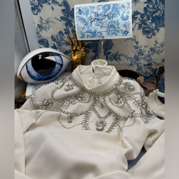 🆕 SIMKHAI 🧿 NWOT Odetta Crystal Embellished Cream Long Sleeve Midi Dress, Sz 8 - Picture 14 of 16